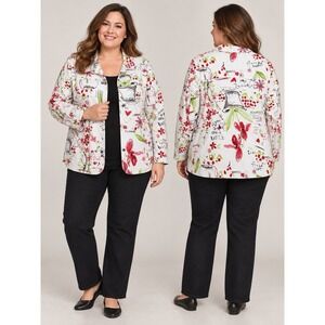 Susan Graver Style 1X White Floral Art Print Button Front Stretch Jacket
